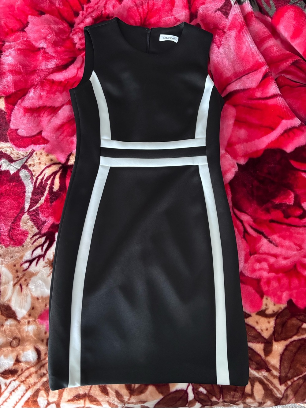 Calvin Klein Black Midi Sheath Dress with White Piping